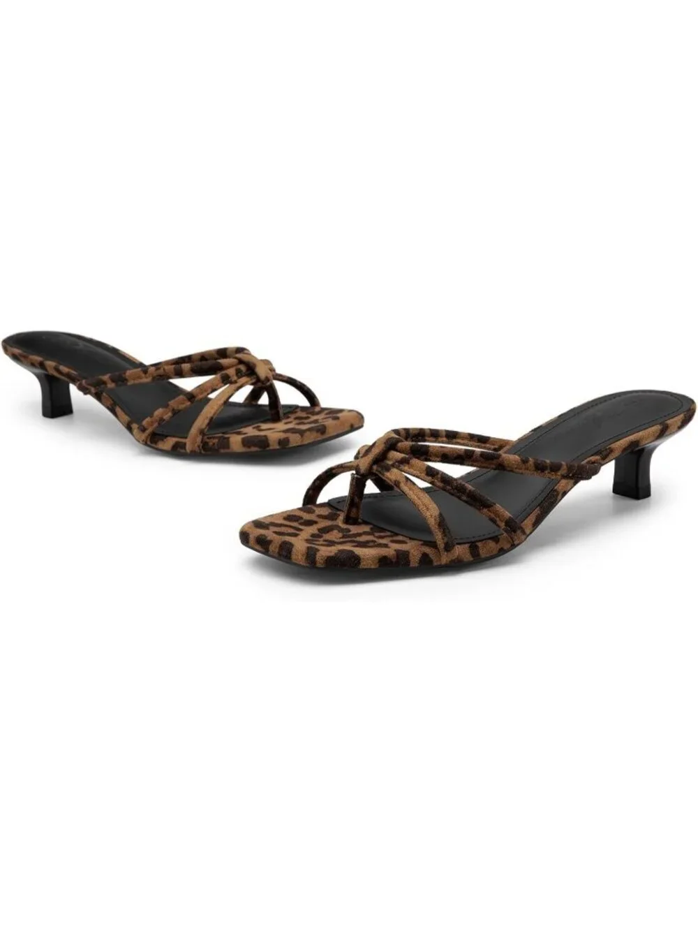 Women's Square Toe Strappy Flip Flop Leopard Low Heels Slip On Thong Heels